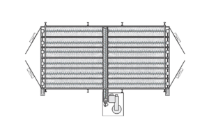 Technical drawing of a rectangular MARS2000 structure with multiple horizontal slats, supported by a central column at the bottom. Angled lights or cameras are positioned at each corner outside the main frame.