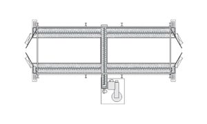 Technical drawing of industrial equipment showing a top view of a cylindrical horizontal tank with cross-section details, support structures, and an attached pipe with valve—ideal for integration into Sandblast Booths or a Mechanical Recovery System like the MARS2000.