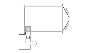 Black and white line drawing of a rectangular Sandblast Booth with a smaller rectangle featuring a circular element; two slanted panels, part of the Mechanical Recovery System, extend from one end.