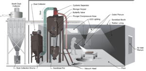 Diagram of a PARS5000 industrial sandblasting system showing a worker using a vacuum head, dust collectors, cyclonic separator, sandblast pot, storage hopper, and labeled air and dust flow pathways in Sandblast Booths with a Vacuum Recovery System.
