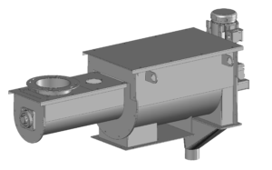 3D rendering of an industrial screw conveyor with a rectangular hopper, a round inlet, a cylindrical screw section, and a motor mounted on the top right—an essential component often integrated into Hybrid Recovery System solutions like the HARS2000 for efficient material handling in sandblast booths.