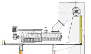 Technical drawing of a mechanical system, such as the MARS2000 Mechanical Recovery System, with a motor on the left, spiral components inside a rectangular housing, and support structures—ideal for use in sandblast booths.
