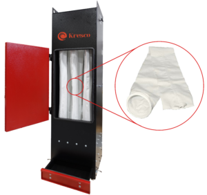 A black and red industrial Baghouse Dust Collector with an open door reveals white filter bags inside; an inset circle shows a close-up of the rolled white filter bag.