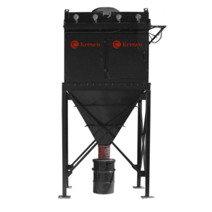 A large industrial dust collector by Kresco with a rectangular top section, conical hopper, collection drum below, and sturdy metal frame. The unit is black with red Kresco logos.