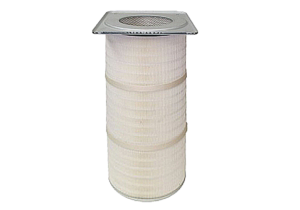 A cylindrical cartridge filter with pleated white material, two horizontal bands, and a metal cap featuring a perforated mesh on top. Commonly used in dust collectors, this filter is set against a plain white background.