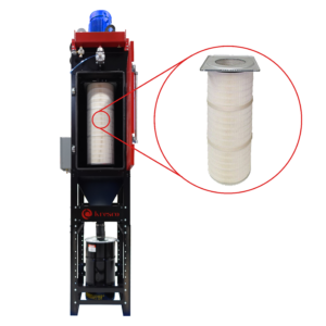 Industrial dust collector with a transparent door showing the internal cylindrical filter, highlighted by a red circle and zoomed-in view to the right. This black and red unit demonstrates advanced industrial air filtration with a visible motor on top.