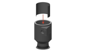A digital rendering of a cyclonic separator cylindrical mechanical component with its top section removed and floating above, shown with a red downward arrow indicating assembly or insertion.