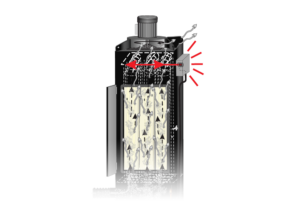 Cross-section diagram of a baghouse dust collector shows air entering at the top, passing through filters inside the device, with clean air exiting the sides. Red dashed lines and arrows highlight airflow and filtration process.