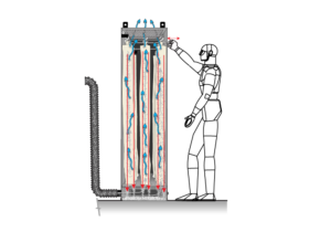 Diagram of a humanoid figure operating a tall rectangular Baghouse Dust Collector with three vertical tubes, airflow indicated by blue and red arrows, and a hose attached to the side. Blue and red arrows show air movement through the device.