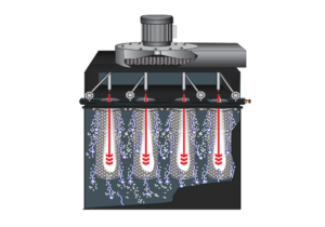 Diagram of an industrial aeration system showing a tank with vertical diffusers releasing bubbles, arrows indicating downward airflow, and a blower unit distributing air—ideal for setups that also use cartridge filters for dust collectors.