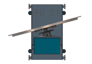A top-down technical illustration of a rectangular sandblast cabinet with wheels and a large tilted solar panel mounted on top, connected to a central mechanism. The design highlights ergonomic features against a white background.