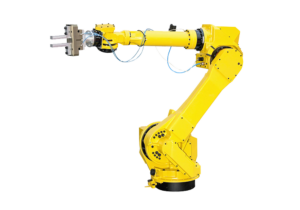 A yellow industrial robotic arm with a gripper attachment and visible blue cables, ideal for Parts Handling Solutions, isolated on a white background.