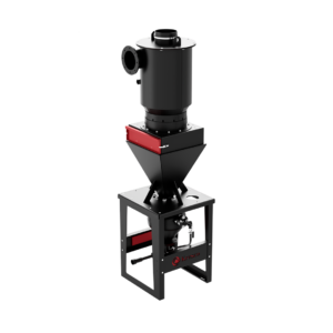 Industrial metal Cyclonic Separator with a black cylindrical top, red rectangular accent in the middle, and a funnel-shaped section, all supported by a sturdy black frame with a handle and logo on the base.