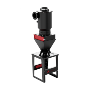 A black and red cyclonic separator dust unit with a cylindrical top, rectangular middle section, and funnel-shaped base, mounted on a sturdy open metal frame featuring the Kinetico logo.