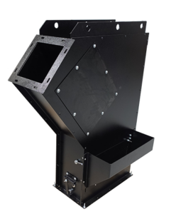 Black metal industrial chute with a slanted, rectangular opening, bolted panels, and a side compartment—designed for directing materials or components and integrating seamlessly with an Air Wash Separator—against a plain white background.