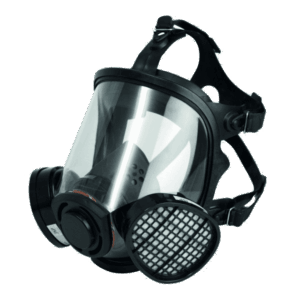 A black full-face respirator mask with a clear visor, dual round air filters, and adjustable head straps, designed for respiratory protection during tasks like solvent distillation.